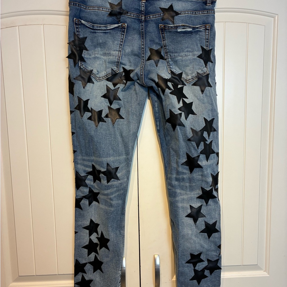 AMIRI Blue Denim Jeans with Black Waistband Detail Size 36